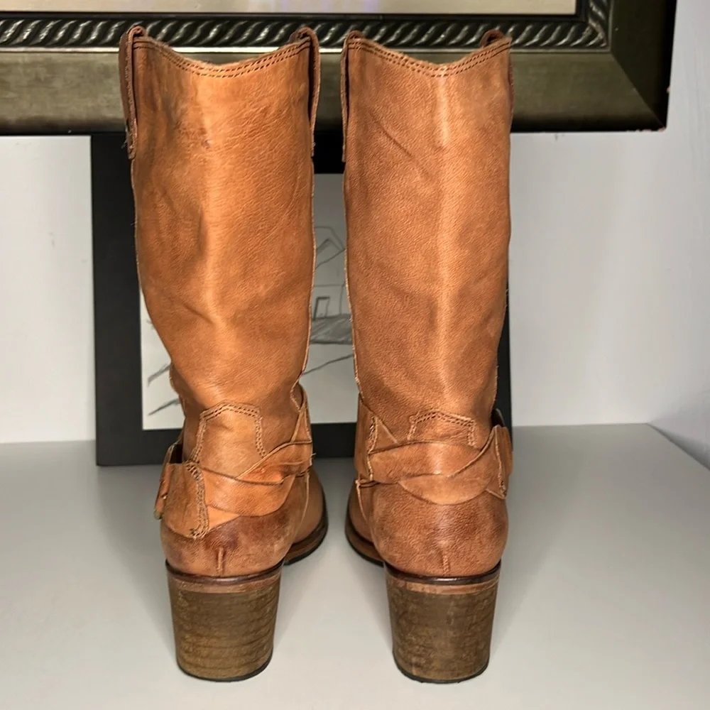 Johnston & Murphy Mid Calf Brown Leather Moto Style Pull On Harness Boots Size 8 - Picture 9 of 16